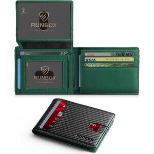 ⚡Runbox Men Carbon Black Green New Leather Slim 2 ID Window Gift Box Wallet